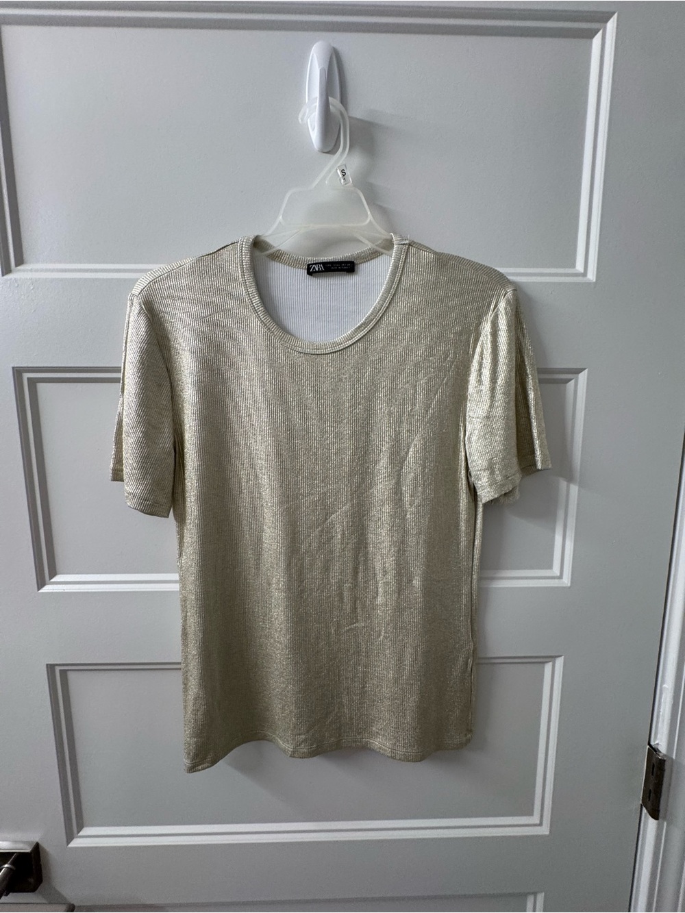 Zara Metallic Cream Short Sleeve Knit Tee NWOT